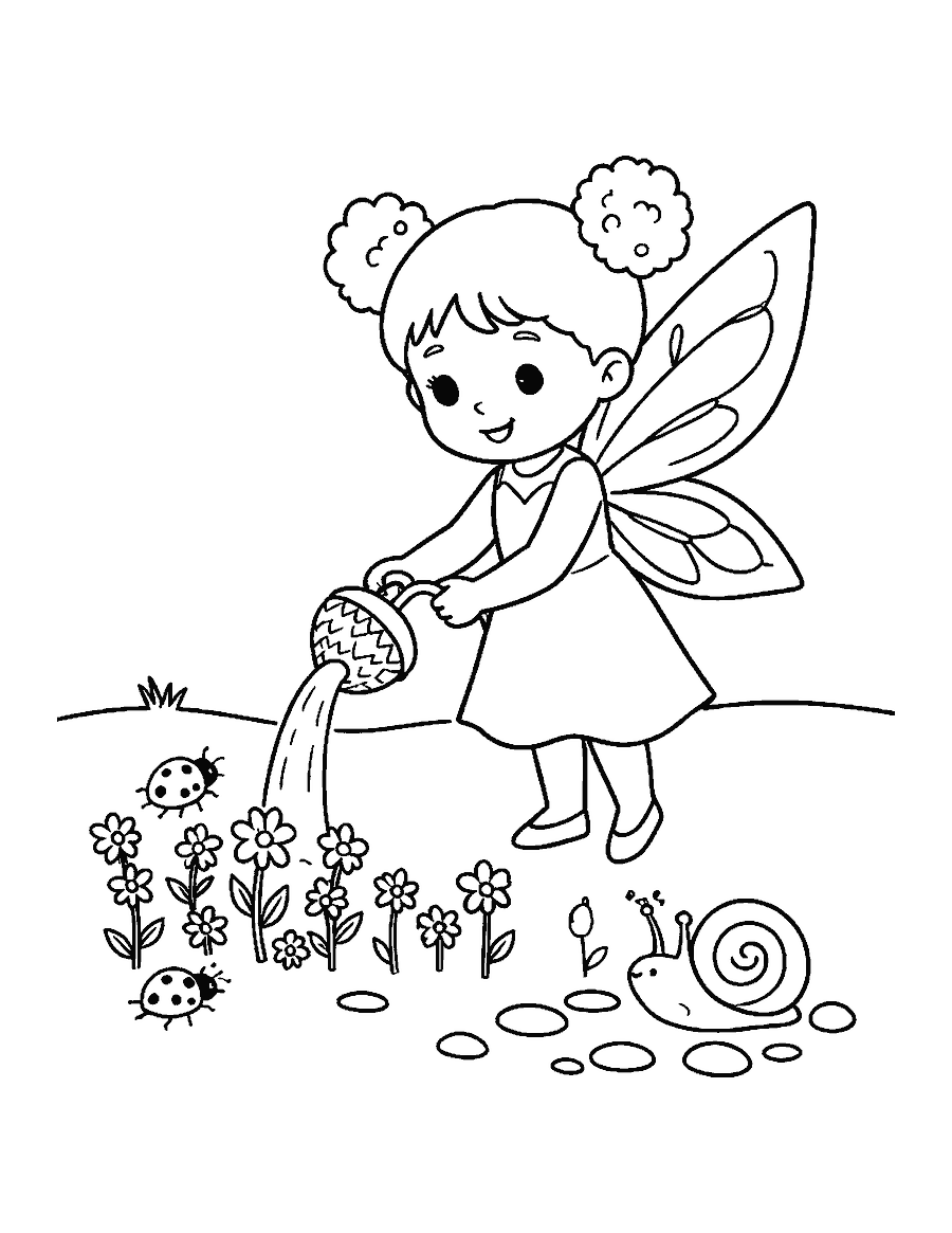 Line drawing of a fairy watering tiny flowers with an acorn cap beside a snail