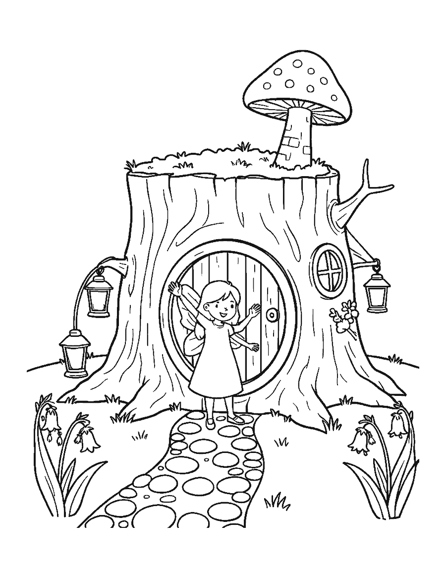 Line drawing of a fairy waving from the door of a tree stump house with a mushroom chimney