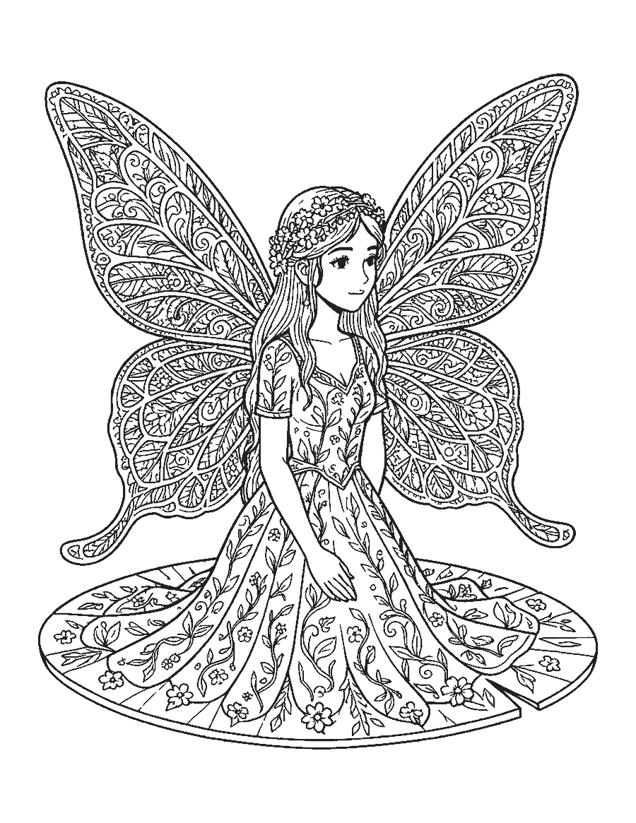 Line drawing of a fairy on a lily pad with large wings full of lace patterns