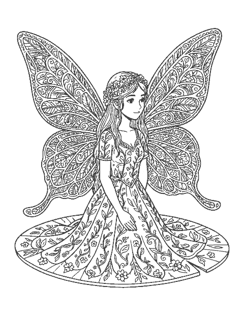 Line drawing of a fairy on a lily pad with large wings full of lace patterns