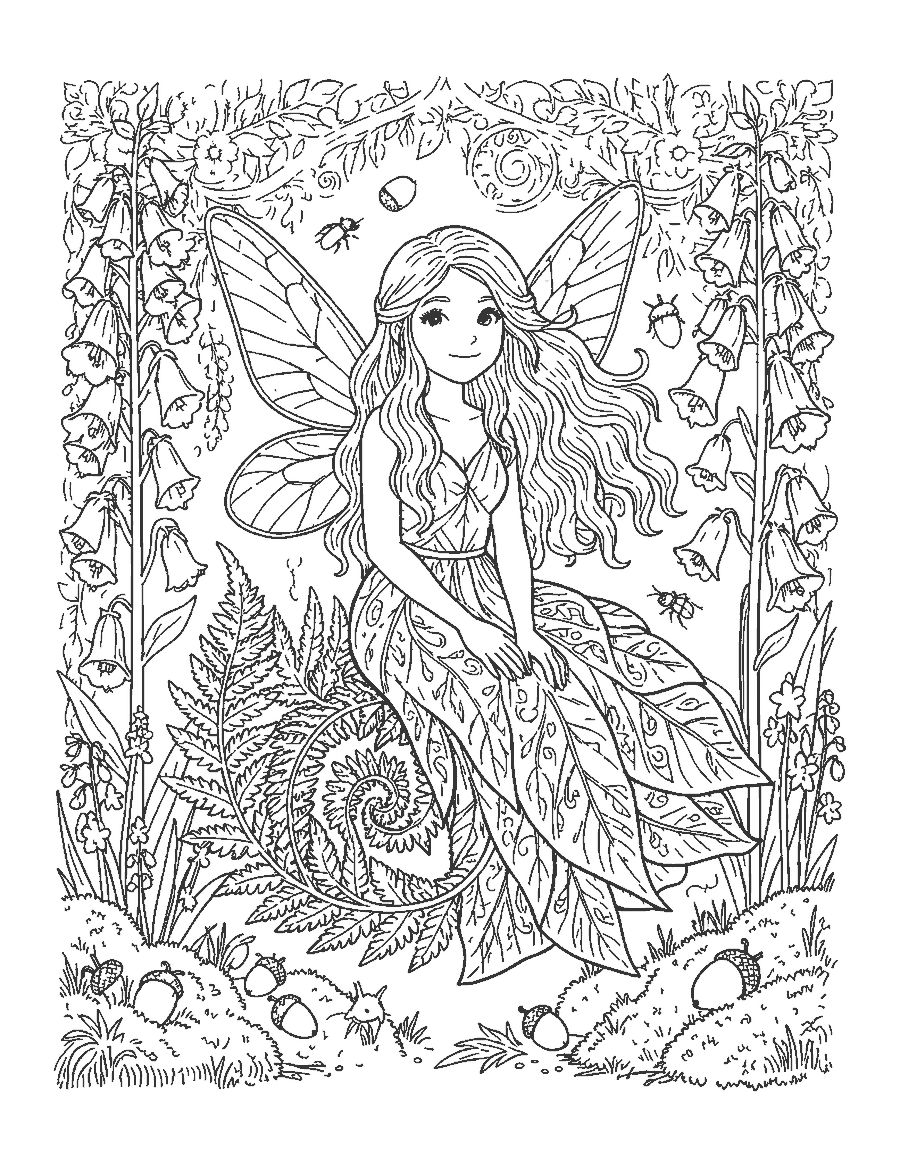 Line drawing of a realistic fairy with veined wings sitting on a fern among woodland flowers