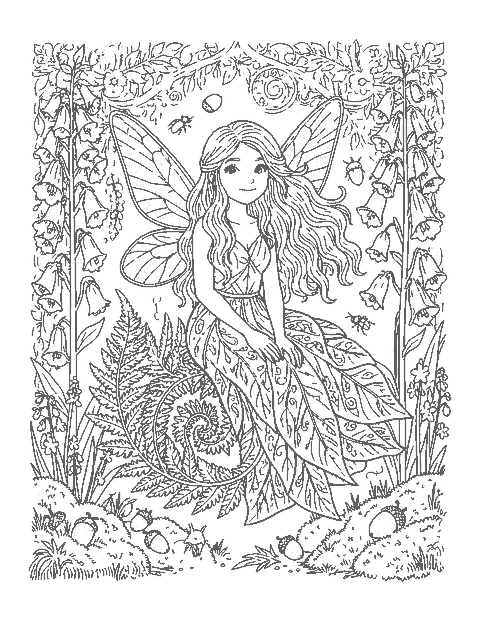 Line drawing of a realistic fairy with veined wings sitting on a fern among woodland flowers