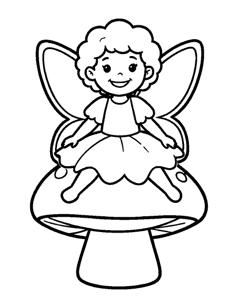 Line drawing of a smiling fairy with butterfly wings sitting on a mushroom