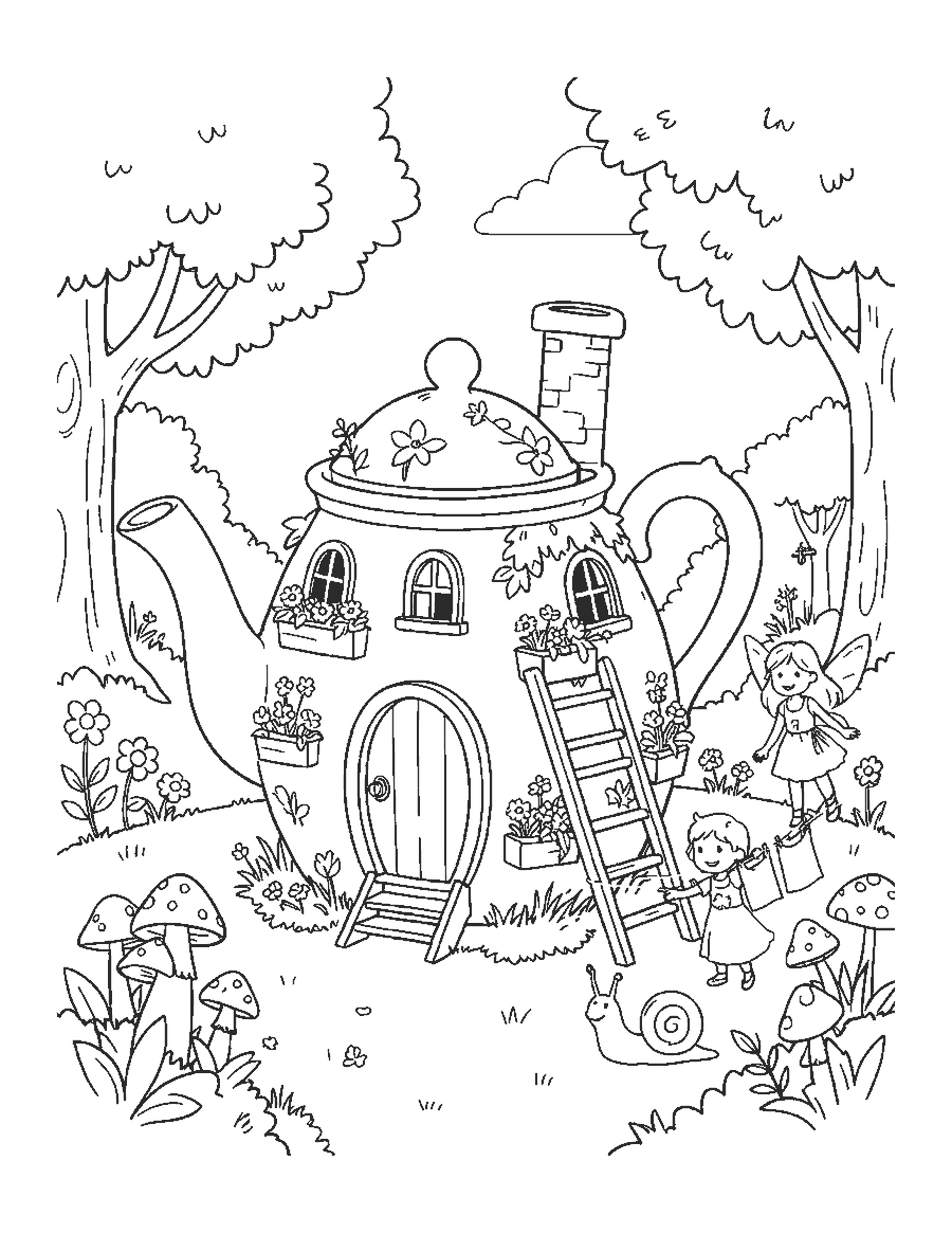 Line drawing of a fairy house made from a teapot in a garden with a fairy hanging laundry