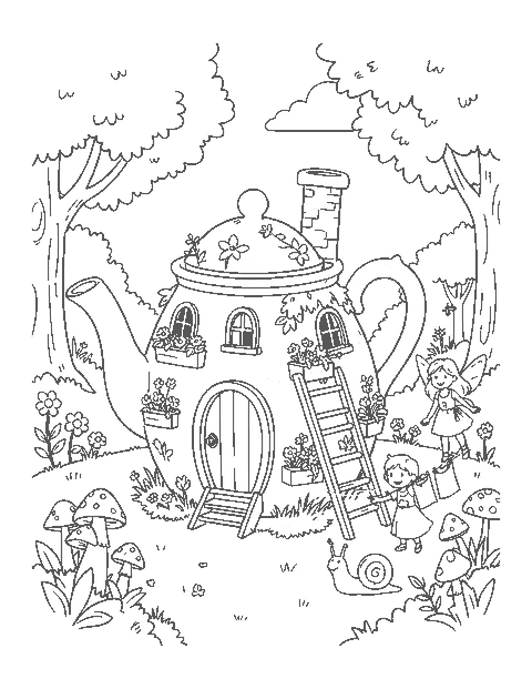 Line drawing of a fairy house made from a teapot in a garden with a fairy hanging laundry