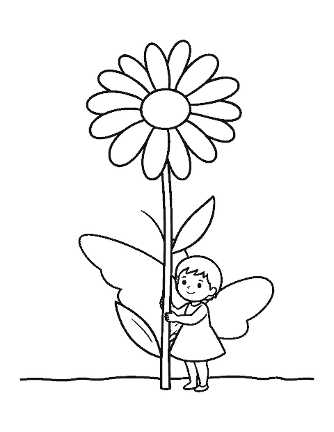 Line drawing of a tiny fairy hugging the stem of a daisy taller than her