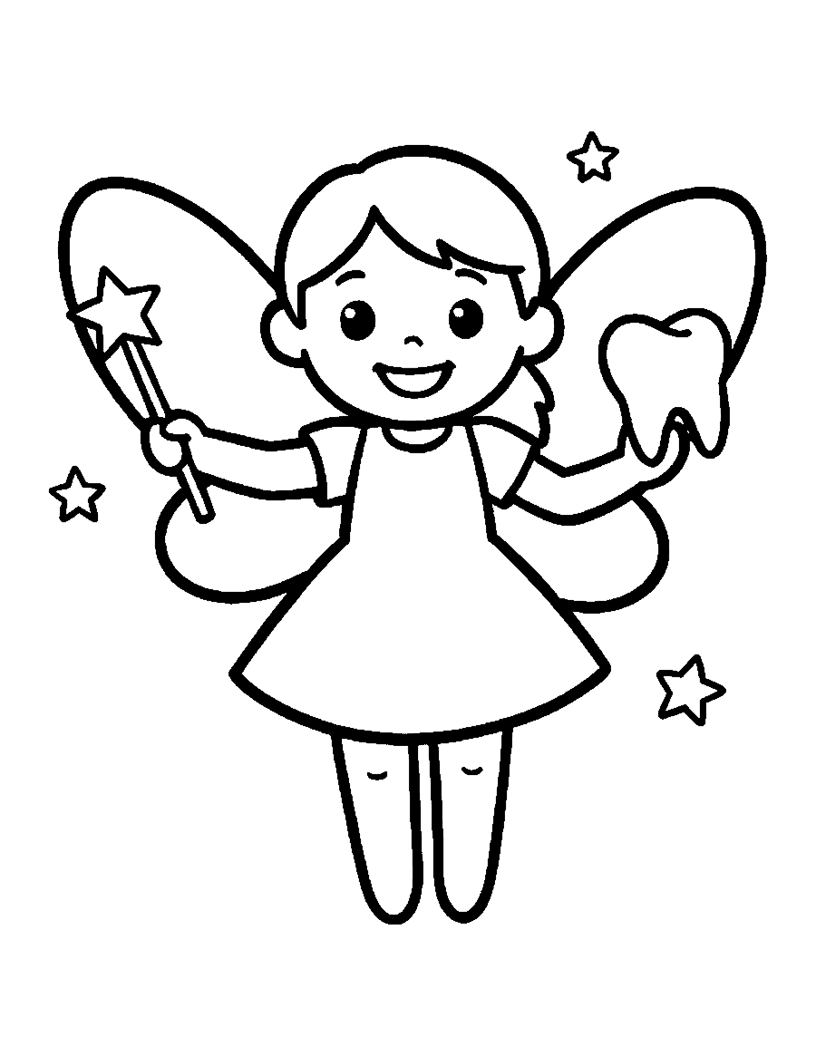 Line drawing of a smiling tooth fairy holding a star wand and a big baby tooth