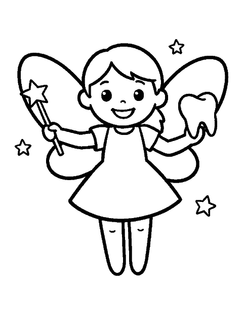 Line drawing of a smiling tooth fairy holding a star wand and a big baby tooth