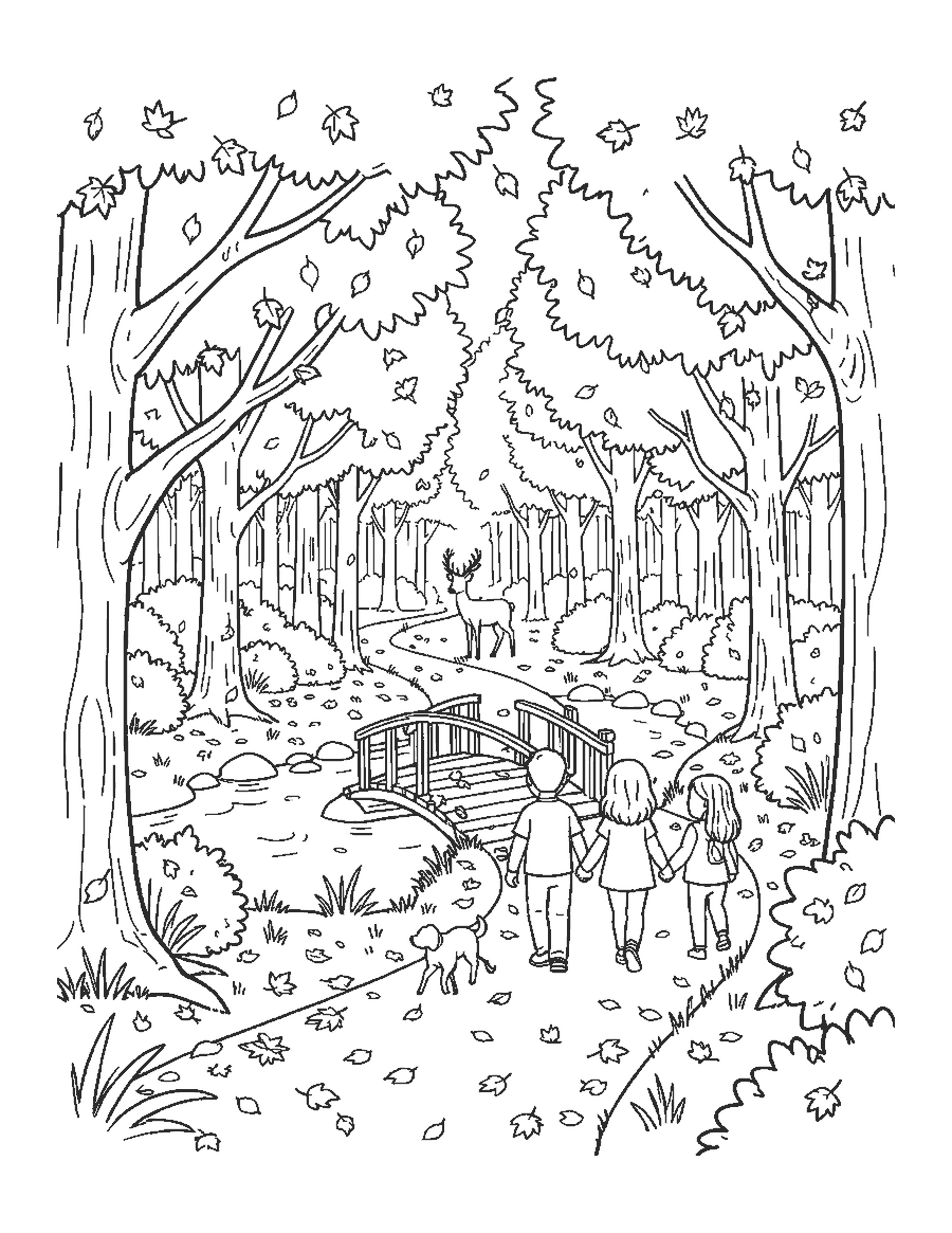 Line drawing of a family and dog on a leafy forest path with a footbridge