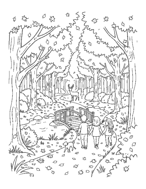 Line drawing of a family and dog on a leafy forest path with a footbridge
