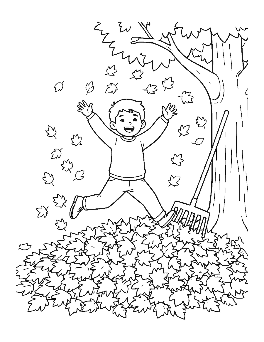 Line drawing of a child jumping into a pile of leaves beside a tree and rake