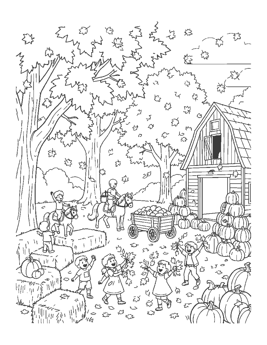 Line drawing of a harvest fair with a pony ride, apples and pumpkins under maples