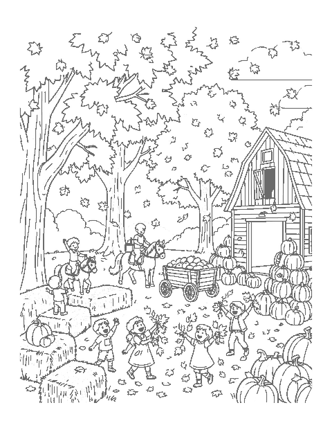 Line drawing of a harvest fair with a pony ride, apples and pumpkins under maples