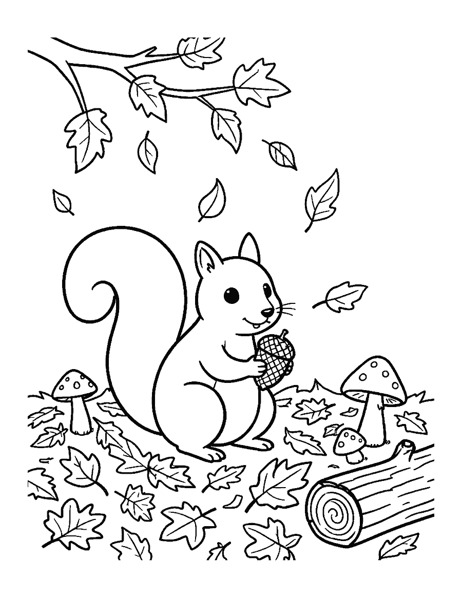 Line drawing of a squirrel holding an acorn among fallen leaves and mushrooms
