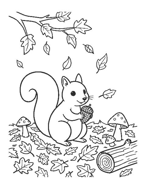 Line drawing of a squirrel holding an acorn among fallen leaves and mushrooms