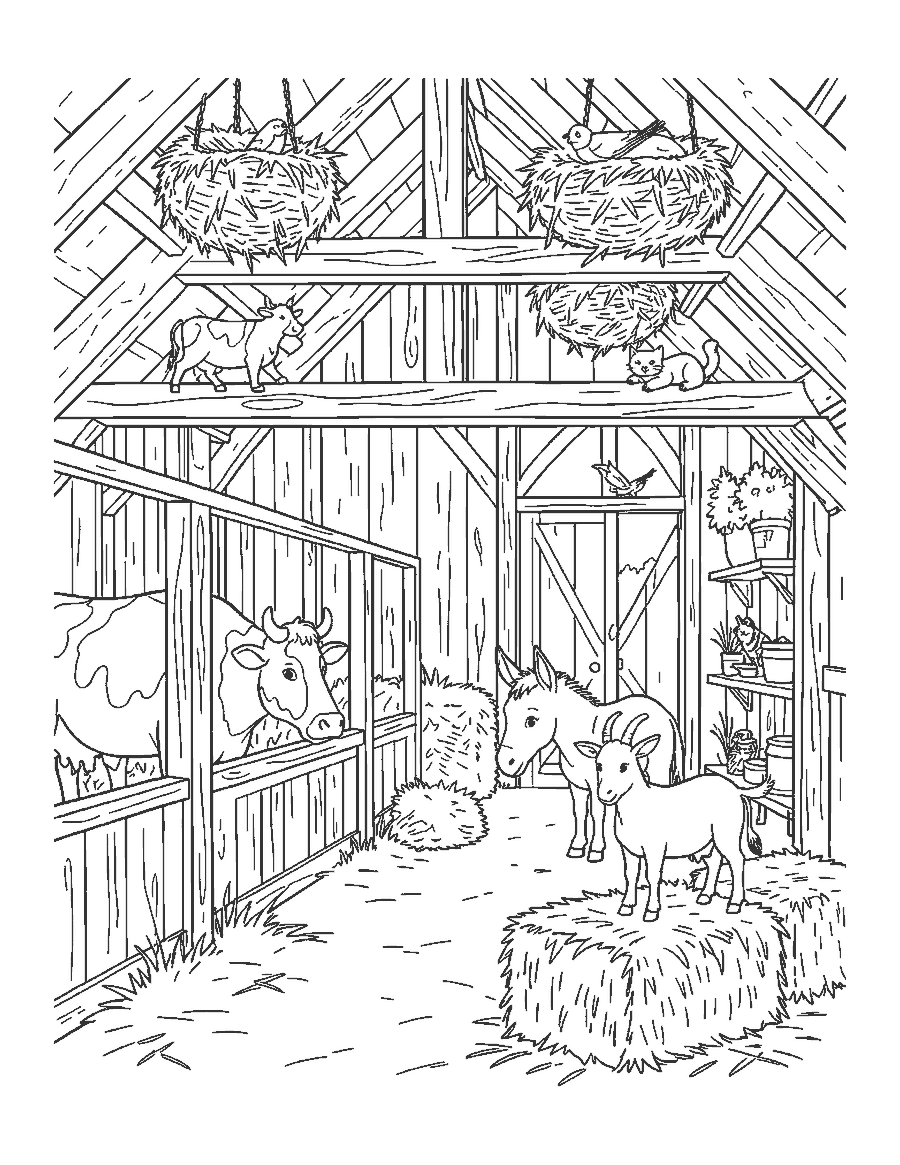Line drawing of a barn interior with a cow, donkey, goat, cat and swallow nests