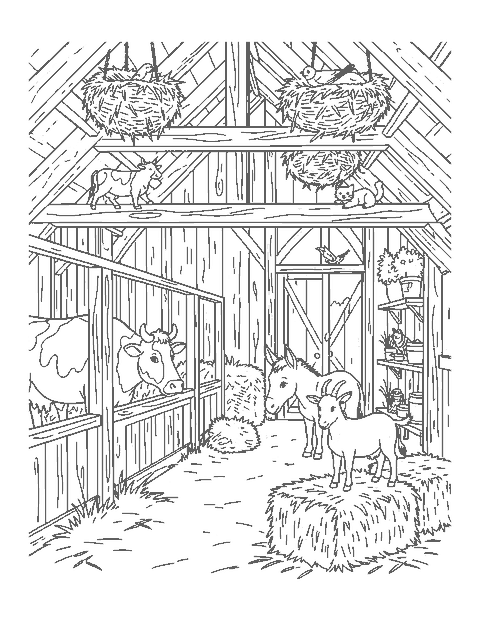 Line drawing of a barn interior with a cow, donkey, goat, cat and swallow nests