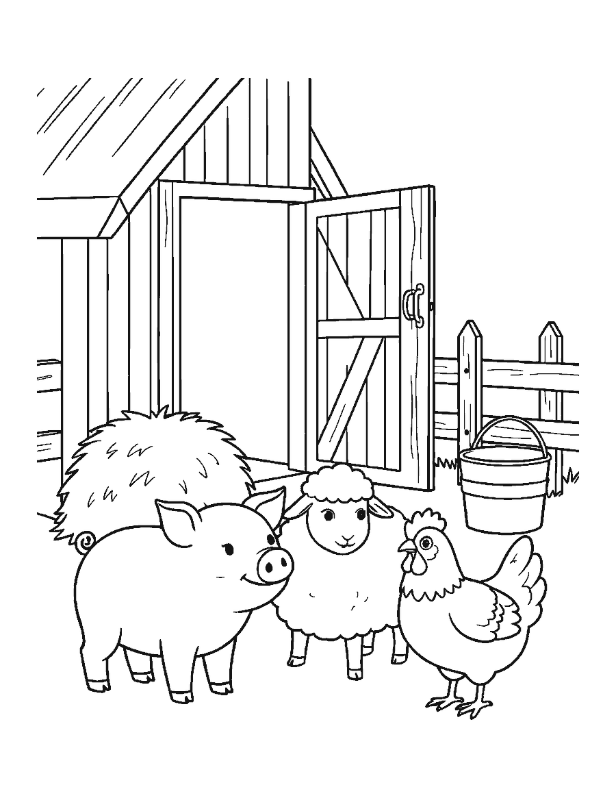 Line drawing of a pig, sheep and hen standing together outside a barn