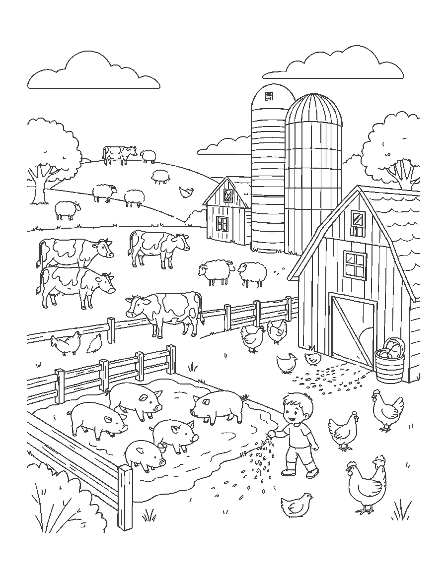 Line drawing of a busy farmyard with a barn, cows, pigs, sheep, hens and a child