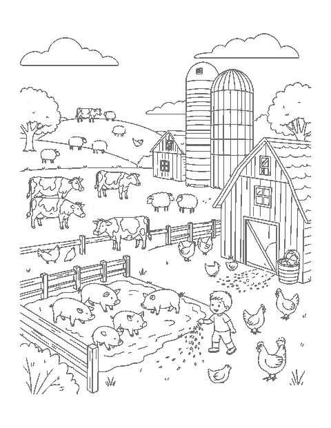 Line drawing of a busy farmyard with a barn, cows, pigs, sheep, hens and a child