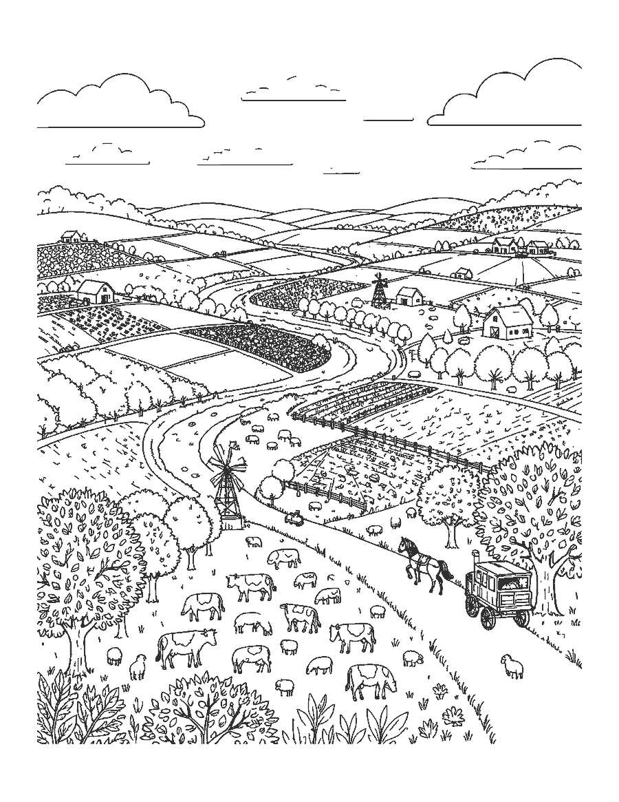 Line drawing of a farm valley with fields, barns, orchards, a creek and animals