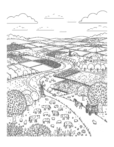 Line drawing of a farm valley with fields, barns, orchards, a creek and animals