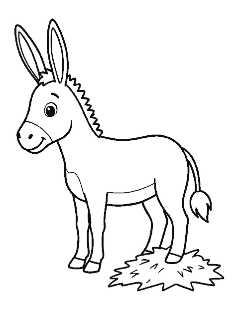 Line drawing of a smiling donkey with long ears next to a small hay pile