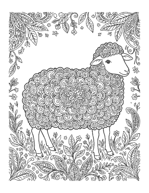 Line drawing of a sheep with a fleece made of mandala swirls and tiny flowers