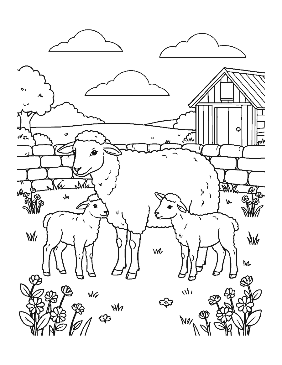 Line drawing of a mother sheep with two lambs in a meadow by a stone wall