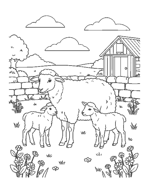Line drawing of a mother sheep with two lambs in a meadow by a stone wall