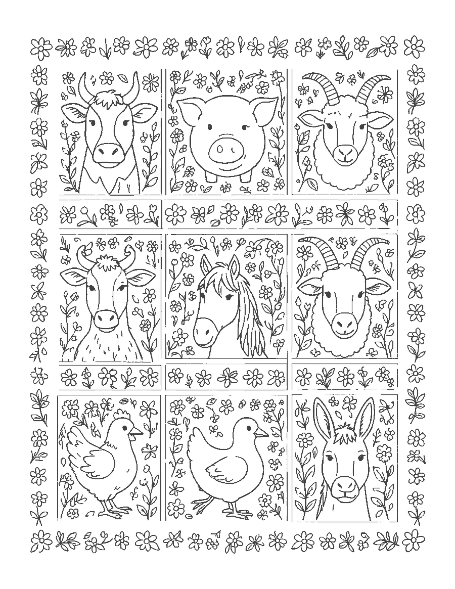 Line drawing of a patchwork quilt with nine squares showing farm animal faces