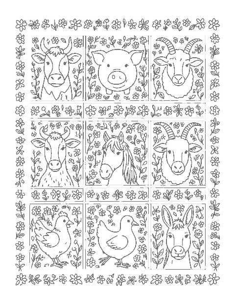 Line drawing of a patchwork quilt with nine squares showing farm animal faces