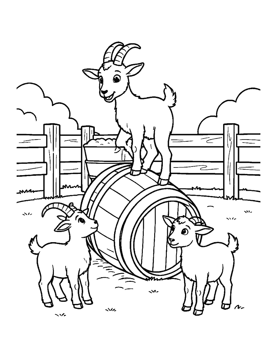 Line drawing of a goat standing on a barrel while another goat looks up