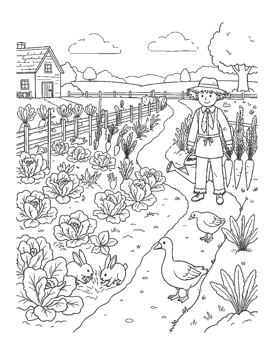 Line drawing of rabbits and geese in a vegetable garden with a scarecrow