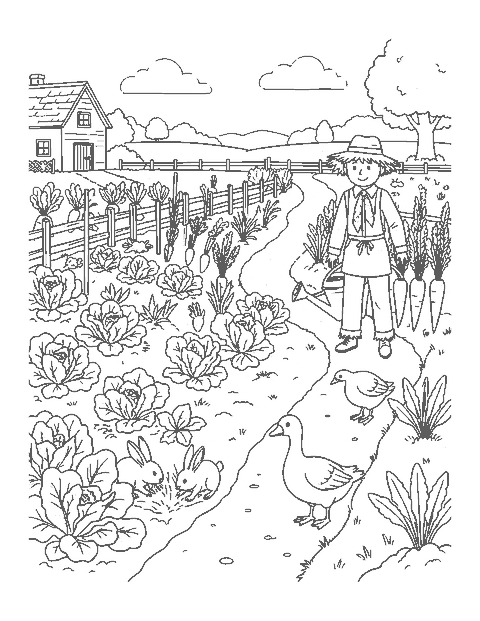 Line drawing of rabbits and geese in a vegetable garden with a scarecrow