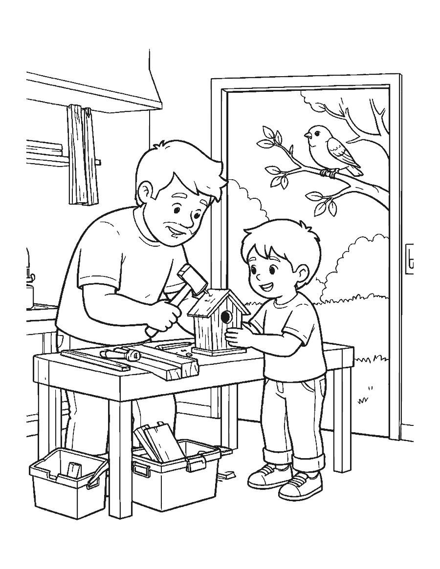 Line drawing of a father and child building a birdhouse at a workbench