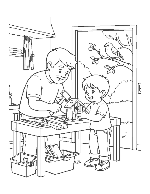 Line drawing of a father and child building a birdhouse at a workbench