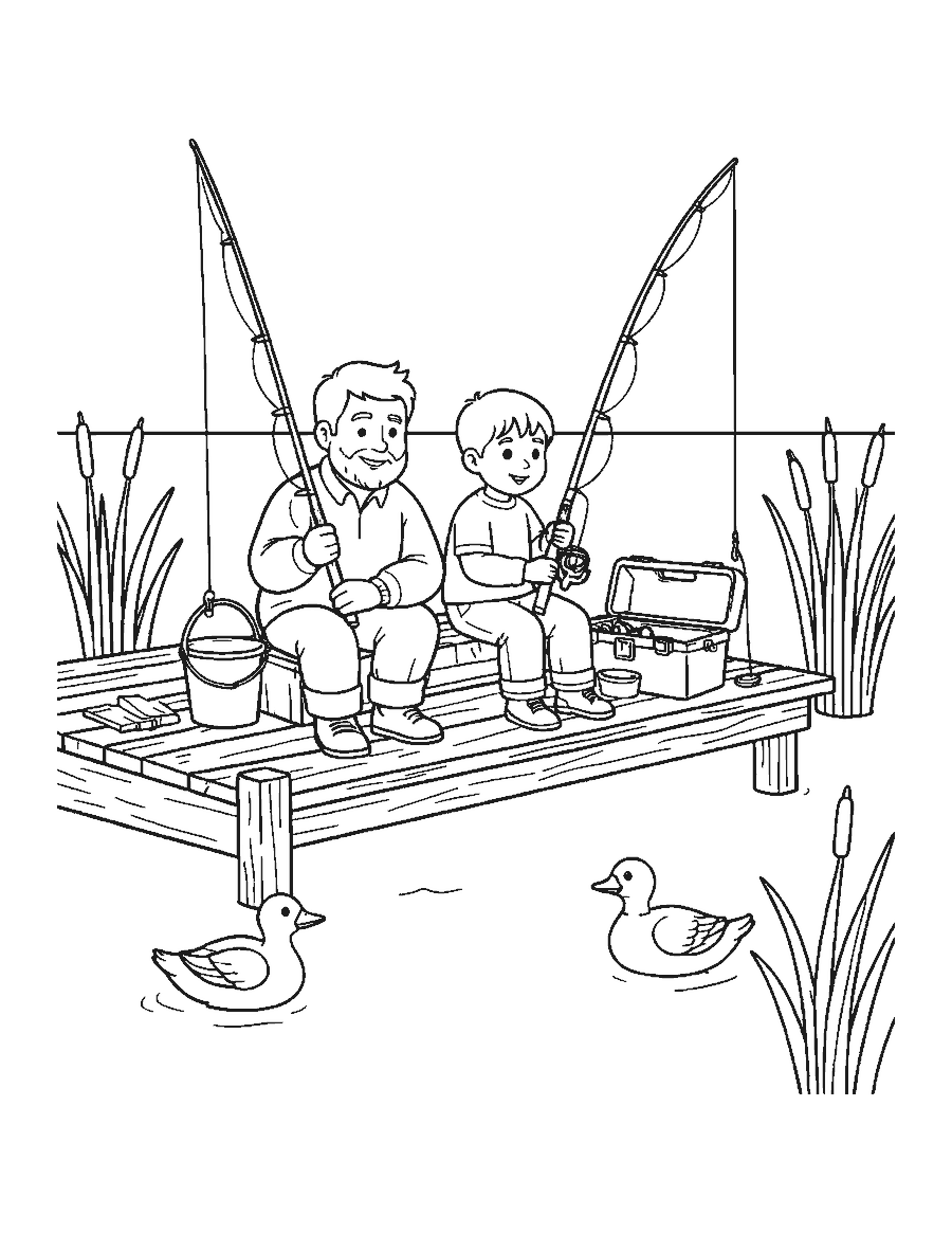 Line drawing of a father and child fishing from a wooden dock