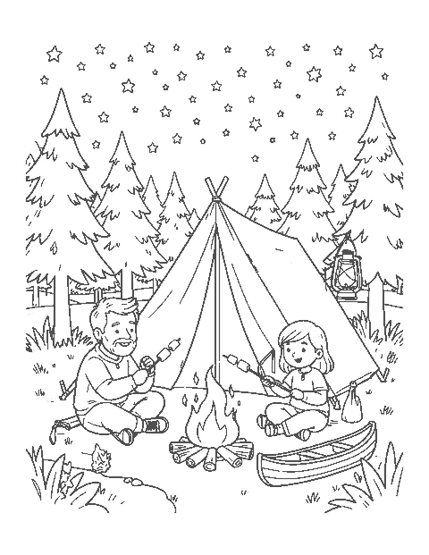 Line drawing of a father and two kids roasting marshmallows by a tent