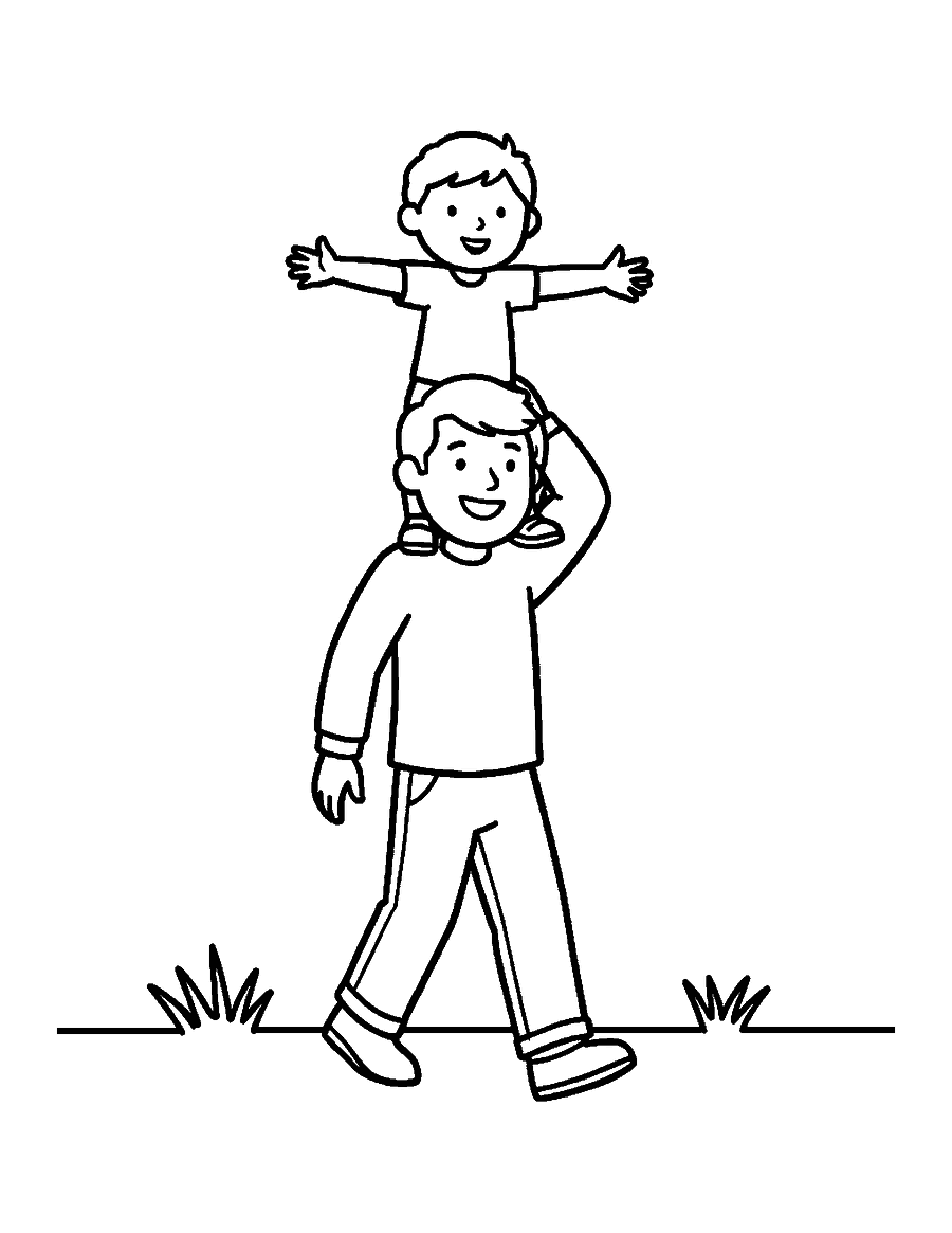 Line drawing of a father walking with a happy child on his shoulders