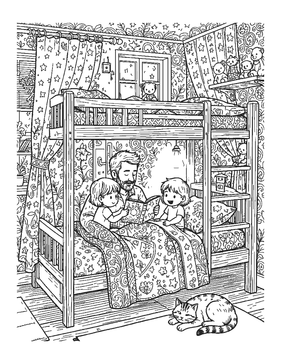 Line drawing of a father reading to two children in a bunk bed at night