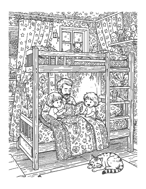 Line drawing of a father reading to two children in a bunk bed at night