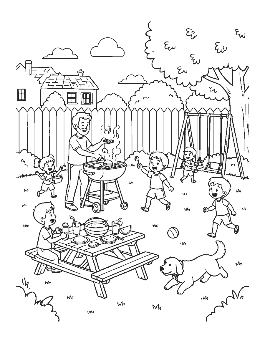 Line drawing of a father grilling while children play at a backyard picnic