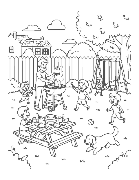 Line drawing of a father grilling while children play at a backyard picnic