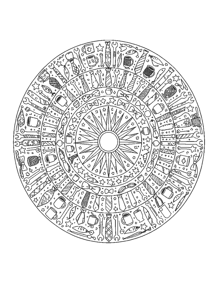 Line drawing of a round mandala made of neckties, tools, mugs and stars