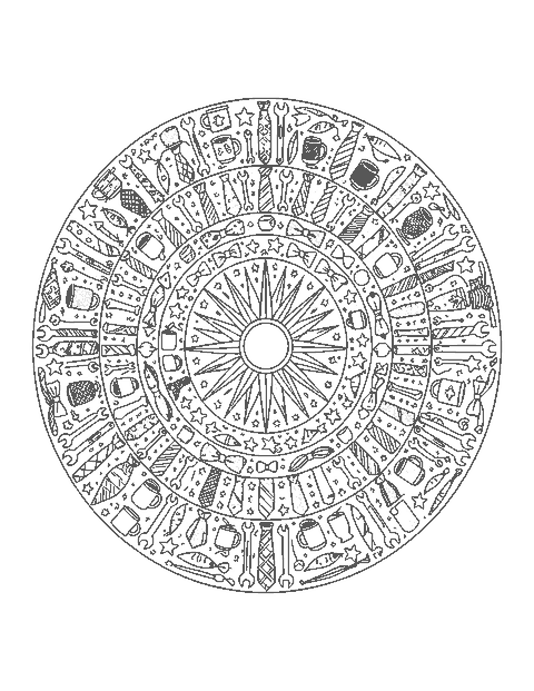 Line drawing of a round mandala made of neckties, tools, mugs and stars