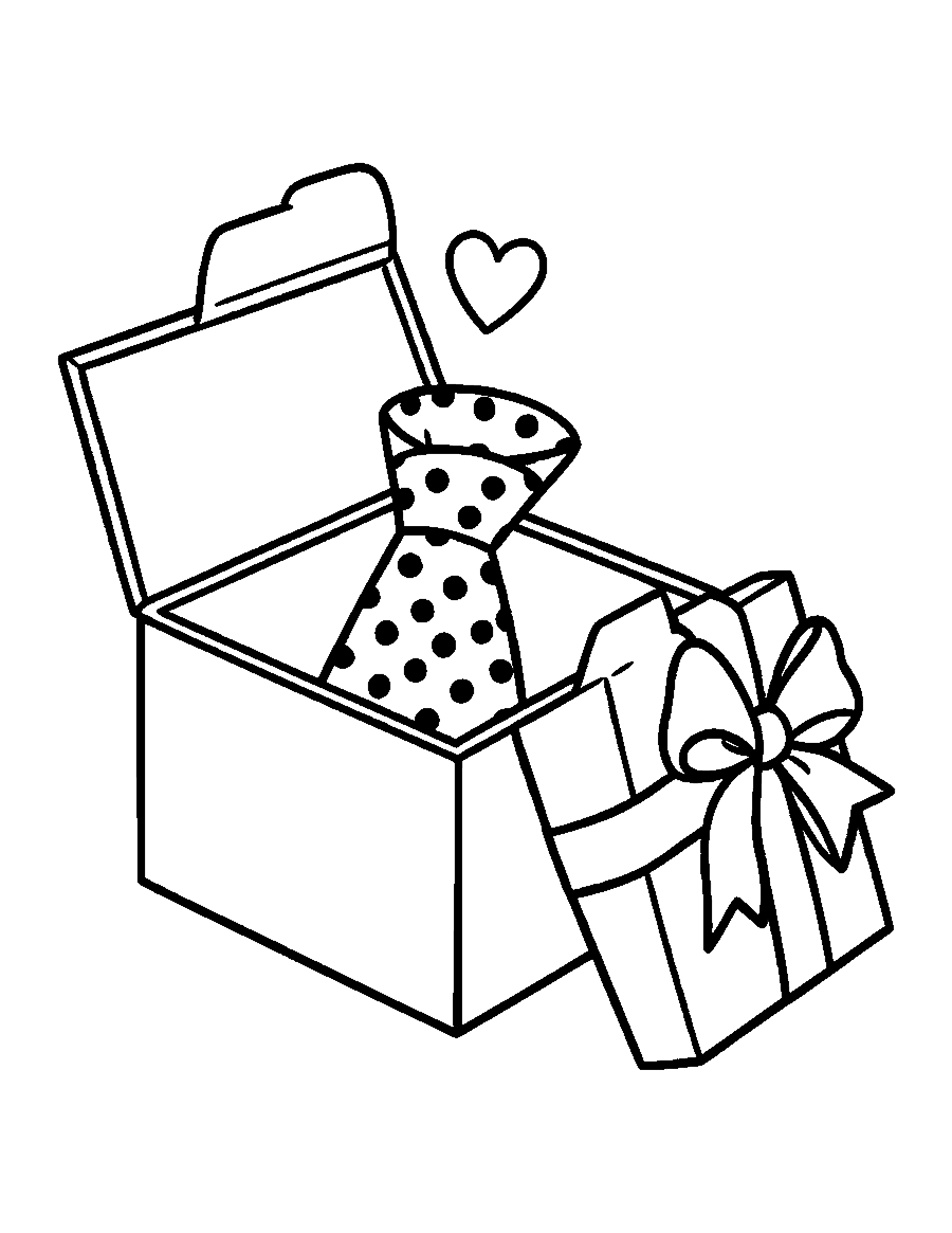 Line drawing of an open gift box holding a polka-dot necktie