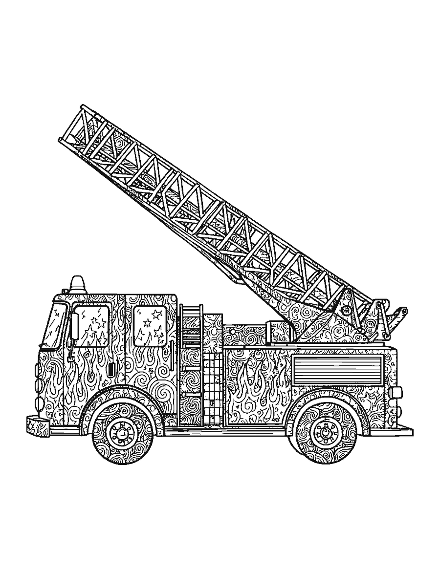 Line drawing of a ladder fire truck filled with doodle patterns