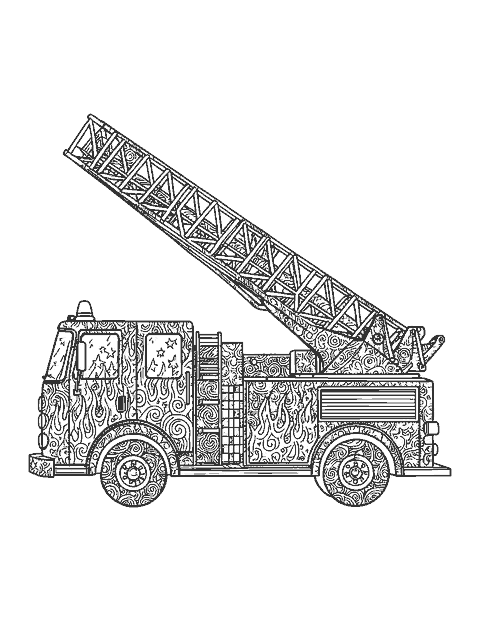 Line drawing of a ladder fire truck filled with doodle patterns