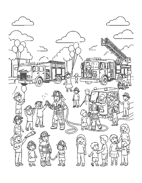 Line drawing of a fire station open house with kids in helmets and fire trucks